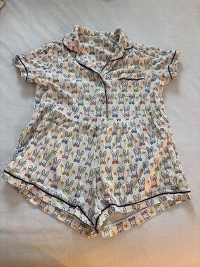Roller Rabbit Cream Short Pajama Romper with Multicolor Bunny Print